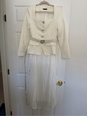 NEW- White Pleated Midi Dress with Square Neck and Jewel Buttons and belt